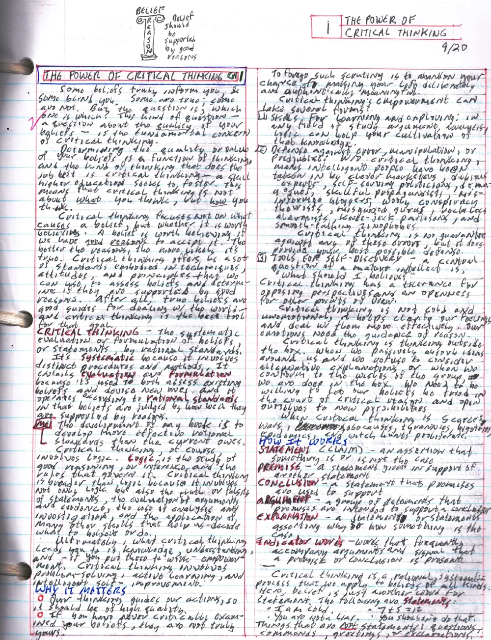 Handwritten notes titled The Power of Critical Thinking, with blue HOW IT WORKS and WHY IT MATTERS headings, red key terms and a boxed ME comment