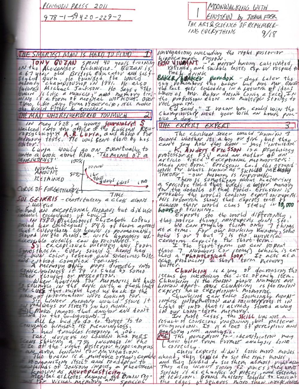 Handwritten reading notes on Moonwalking with Einstein, with boxed chapter headings, a forgetting-curve sketch and a red ME annotation